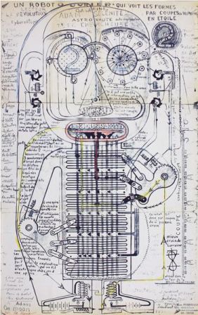Jean Perdrizet, sans titre (Un robot ouvrier qui voit les formes par coupes de vecteurs en étoile), s. d Ronéotype, stylo à bille, feutre et crayons de couleur sur papier plié — 64 × 40 cm