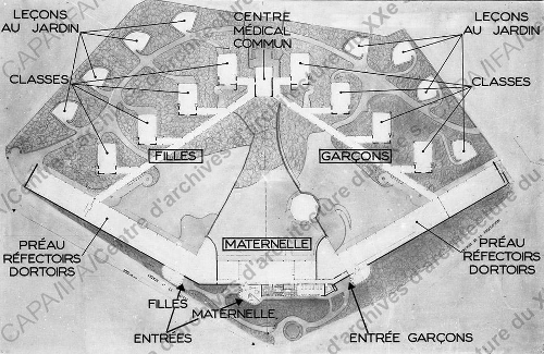 1932-1935. Ecole de plein air, Suresnes (Hauts-de-Seine) : vue d'un plan d'ensemble avec désignations de l'affectation des espaces, n.d.