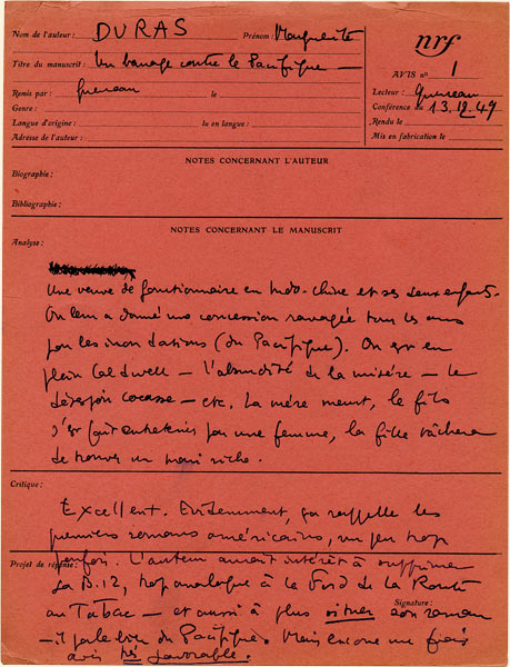 Un barrage contre le Pacifique de Marguerite Duras, Raymond Queneau, 13 décembre 1949, Fiche de lecture