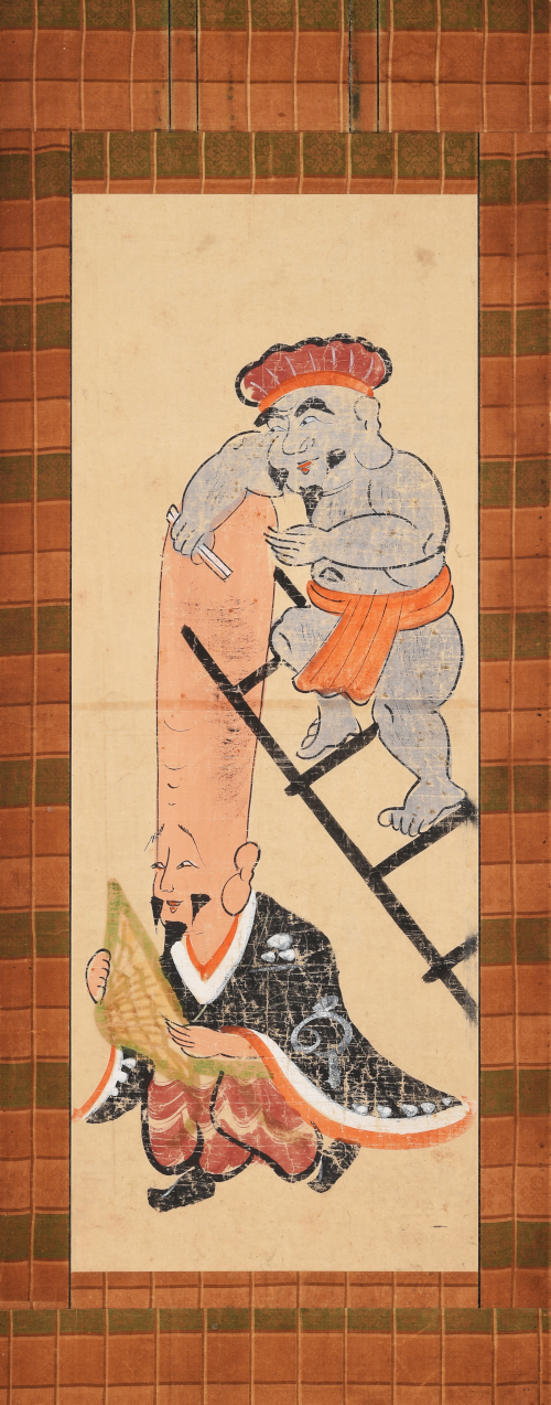 Le dieu de la Fortune rasant le dieu de la Longévité sur une échelle XVIIIe siècle, peinture d’Ôtsu collection particulière, dépôt à l’Ôtsu City Museum of History, Japon