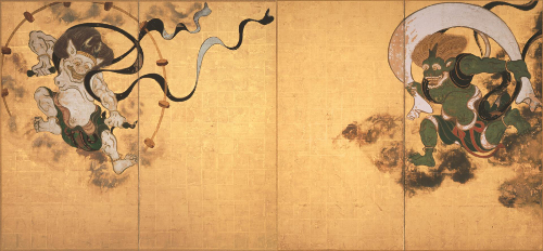 Tawaraya Sōtatsu, Dieux du vent et du tonnerre, Époque d’Edo (1603-1867), XVIIe siècle, paire de paravents à deux panneaux, Kennin-ji, Kyōto, œuvre désignée au Japon «Trésor national»