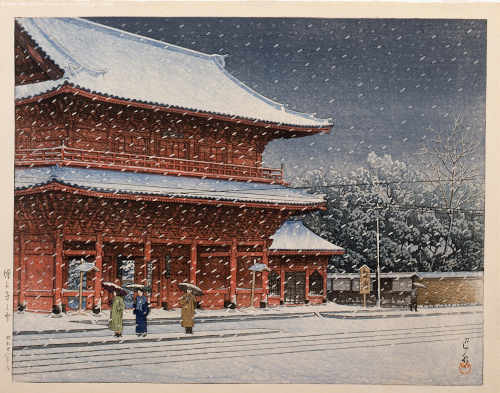 Kawase Hasui, Neige sur le temple Zojoji, 1953